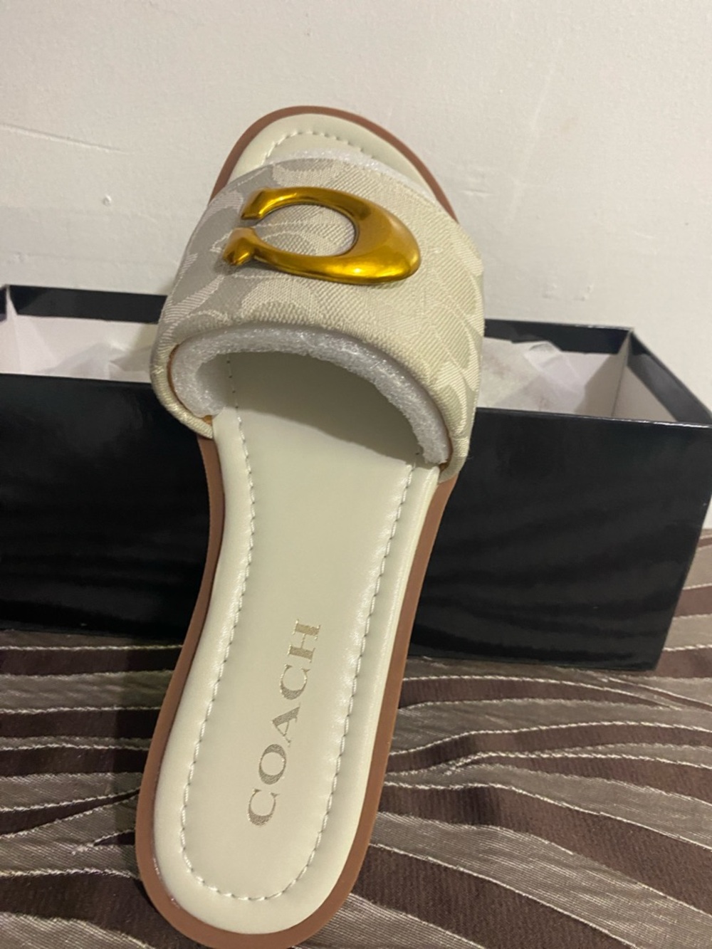 Coach Cream Slide Mule with Gold-Tone Hardware